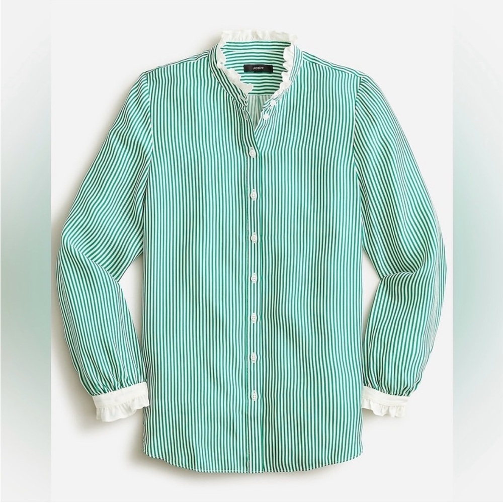 Green Striped Women’s Button Up Ruffle Shirt